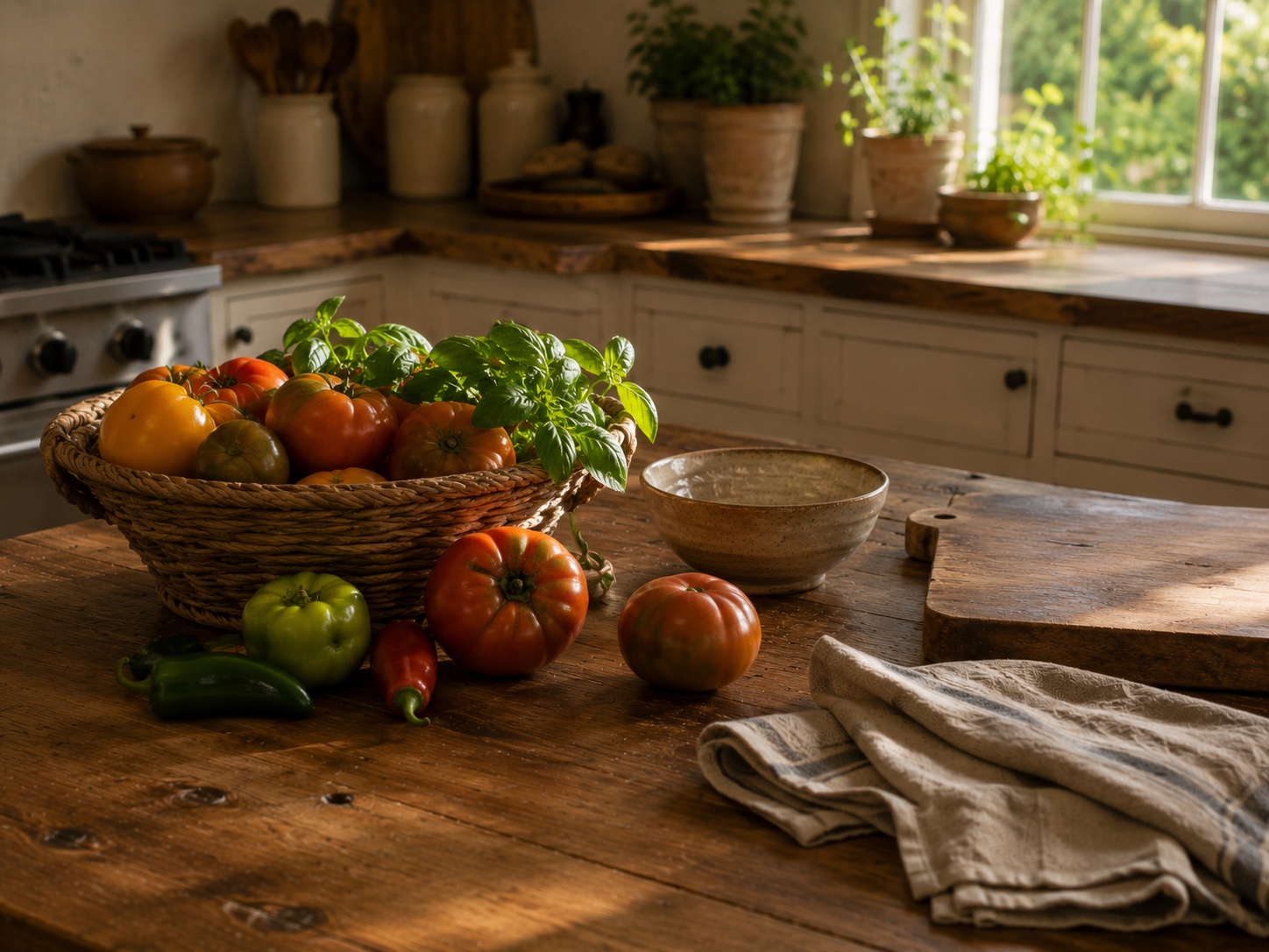 Fresh garden produce gathered on a kitchen counter